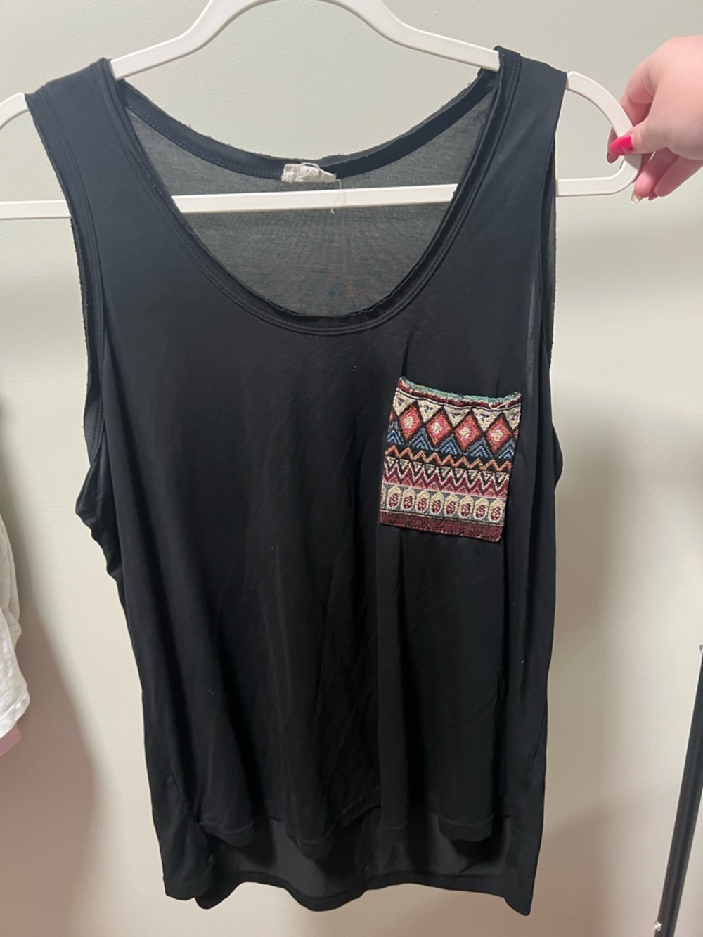 POL Black Tank Top with Multicolor Embroidered Pocket